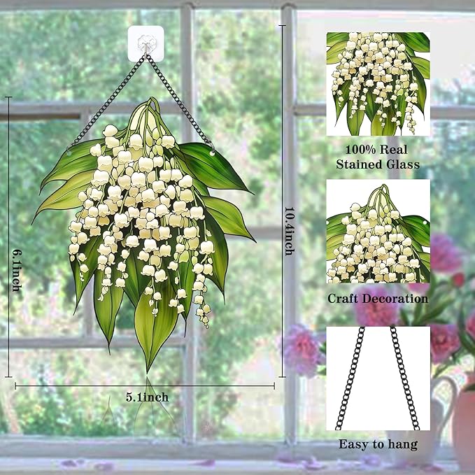 Suncatchers for Windows Hanging Lily of The Valley Stained Glass Suncatcher Flower Garden Decor Living Room Wall Decor for Grandma, 6 Inch