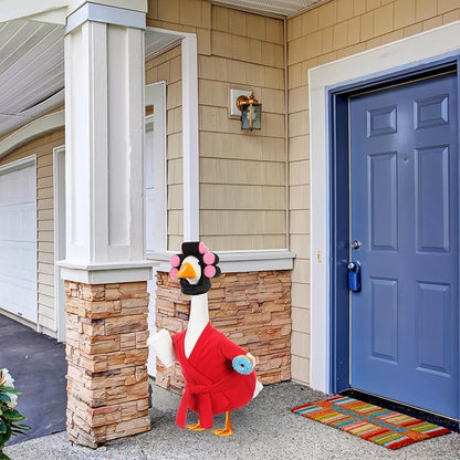 Shyyween Spring Porch Goose Outfits 23 Inch Lady Goose Robe and Curlers Red Pajamas Coffee Cup Cement Concrete Front Porch Geese Clothes Summer Statue Costumes Accessories