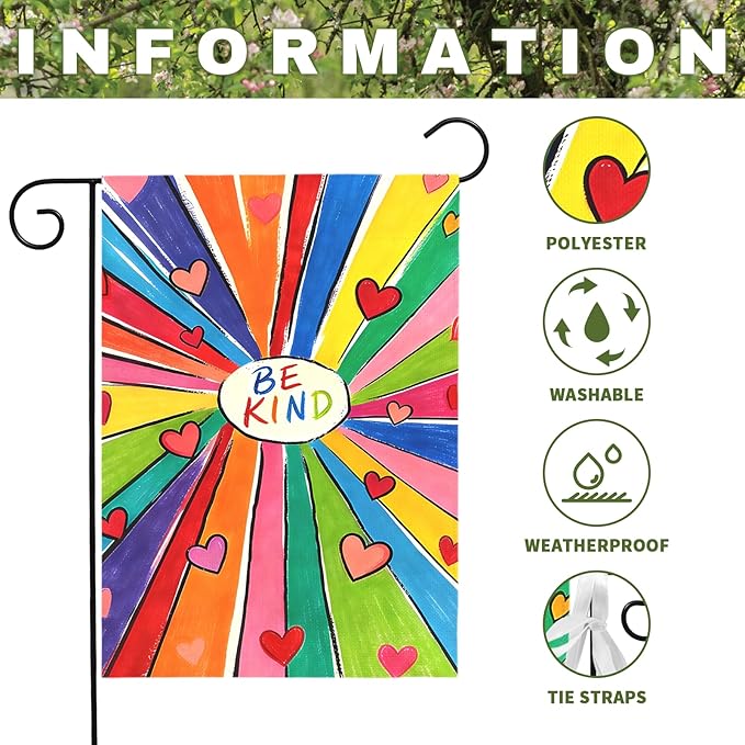 Be Kind Garden Flag Colorful Positive Message Outdoor Yard Flags Rainbow Heart Art House Banner for Teachers Schools Classrooms Front Porch Patio Community Welcome Kindness Decor 12x18 Inch