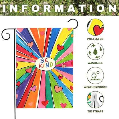 Be Kind Garden Flag Colorful Positive Message Outdoor Yard Flags Rainbow Heart Art House Banner for Teachers Schools Classrooms Front Porch Patio Community Welcome Kindness Decor 12x18 Inch