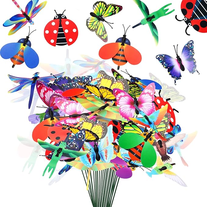 100 Pcs Butterfly Garden Decorations 9.8 Inch Assorted Decorative Plant Stakes Include Bee Hummingbird Ladybug Dragonfly Butterfly Stake for Flower Bouquet Spring Outdoor Indoor Lawn Wall Patio
