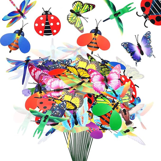 100 Pcs Butterfly Garden Decorations 9.8 Inch Assorted Decorative Plant Stakes Include Bee Hummingbird Ladybug Dragonfly Butterfly Stake for Flower Bouquet Spring Outdoor Indoor Lawn Wall Patio