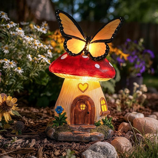 GIGALUMI Fairy Garden Houses Mushroom 9.3",Garden Statues,Fairy Houses for Outside,Fairy Garden Accessories, Butterfly House, Mushroom Decor for Yard, Patio and Birthday Gifts for Mom Women