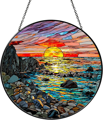 Waves on The Beach Stained Glass Window Hanging Sunset at The Seaside Sun Catcher Beach Lover Gifts for Women Nature Lover Wall Hanger Handmade SunCatcher Decoration, 7.87inch