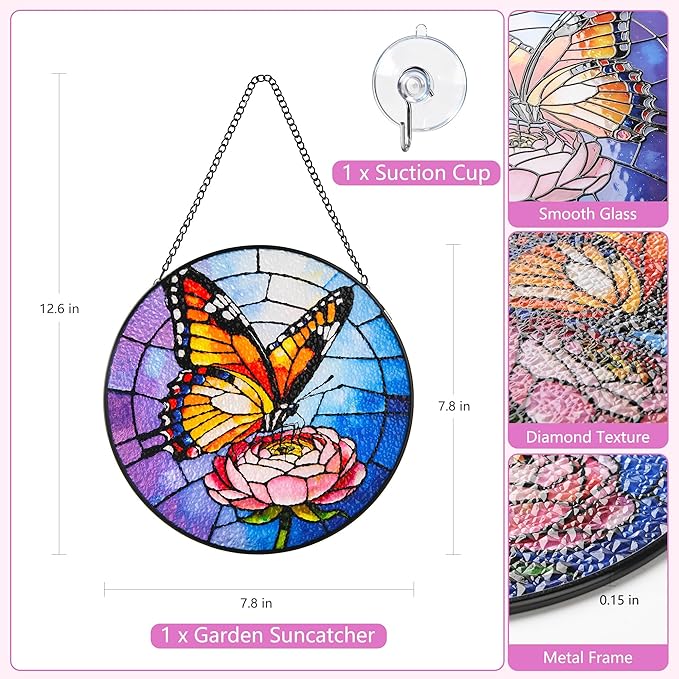 Stained Glass Window Hanging, Emperor Butterfly Circular Painted Glass Suncatcher with Chain & Suction Cup for Home Garden Door Decor, Birthday for Women Men Mom 7.8 in