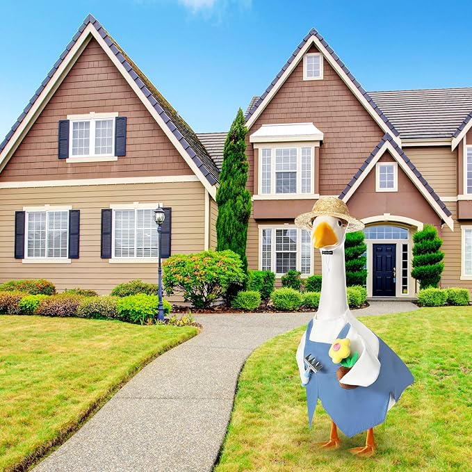 FuWeave Spring Goose Outfit Flower Porch Goose Clothes for 23" Large Statue Outdoor Patio Yard Lawn Art Decoration(Overalls Gardener,23 inch)