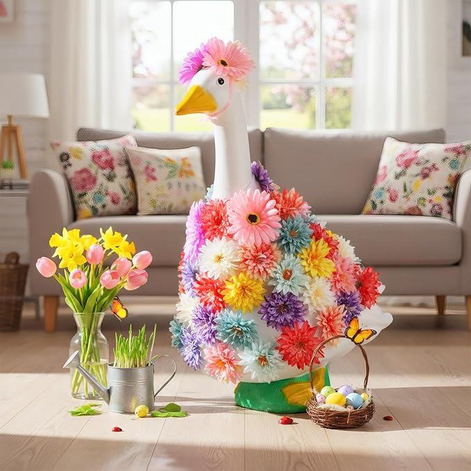 Abbylike 1 Set Spring Flower Porch Goose Outfits Colorful Spring Yard Goose Outfits Costume Clothes Fits Large 23'' Cement for Garden Yard Statue Pathway Decorations