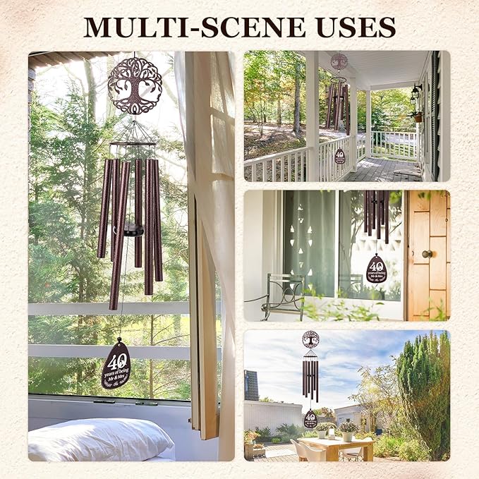 SteadStyle 40th Anniversary Wind Chime, Happy 40th Jubilee Gifts for Parents, Husband, Wife, Couples, Friends - Ruby Anniversary Keepsake Tree of Life Wind Chime Large Size 37 in Garden Patios Decor