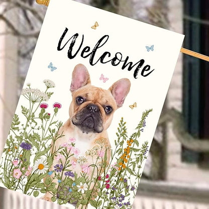 Floral French Bulldog Garden Flag Spring Summer House Flags 28 x 40 Double Sided Flower Dog Yard Flags for Outside Large Outdoor Welcome Flags