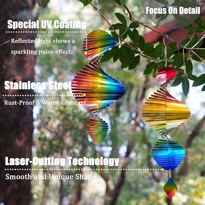 2pcs in Set Gradient Rainbow Helix Metal Wind Spinners for Yard and Garden,12 Inch 3D Stainless Steel Hanging Kinetic Yard Art Wind Sculpture Decor Outdoor Indoor (Warm Pattern)