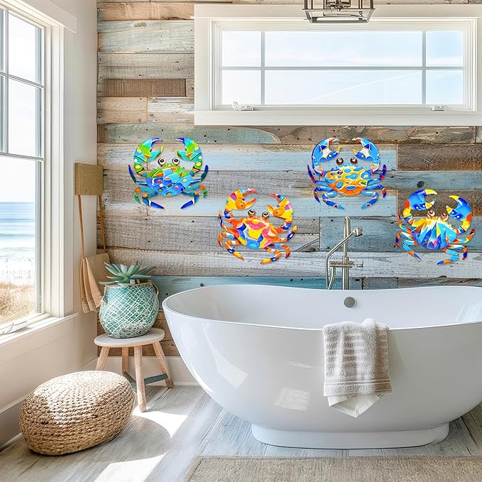 FaloStwer Metal Beach Wall Decor Art, 3D Colorful Sea Turtle Fish Crab and Seahorse Outdoor Sculptures, Ocean Themed Outside Decor for Patio Pool Bathroom Yard Farmhouse Fence Deck (Crab)