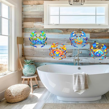 FaloStwer Metal Beach Wall Decor Art, 3D Colorful Sea Turtle Fish Crab and Seahorse Outdoor Sculptures, Ocean Themed Outside Decor for Patio Pool Bathroom Yard Farmhouse Fence Deck (Crab)