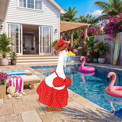 Abbylike 1 Set Summer Bikini Porch Goose Outfit Red Polka Dot Bikini Yard Goose Hawaiian Clothes with Sunglasses and Wigs Fits Large 23'' H Cement for Outdoor Garden Patio Pathway Statue Art Decor