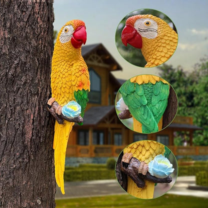 12.7in Fake Parrots Statue for Outdoor Pool Deck Decorations, Resin Lifesize Hawaiian Tropical Birds Decor for Patio, Wall Parrot Decor, Plastic Parrot Sculpture for Yard, Palm Tree(Yellow)