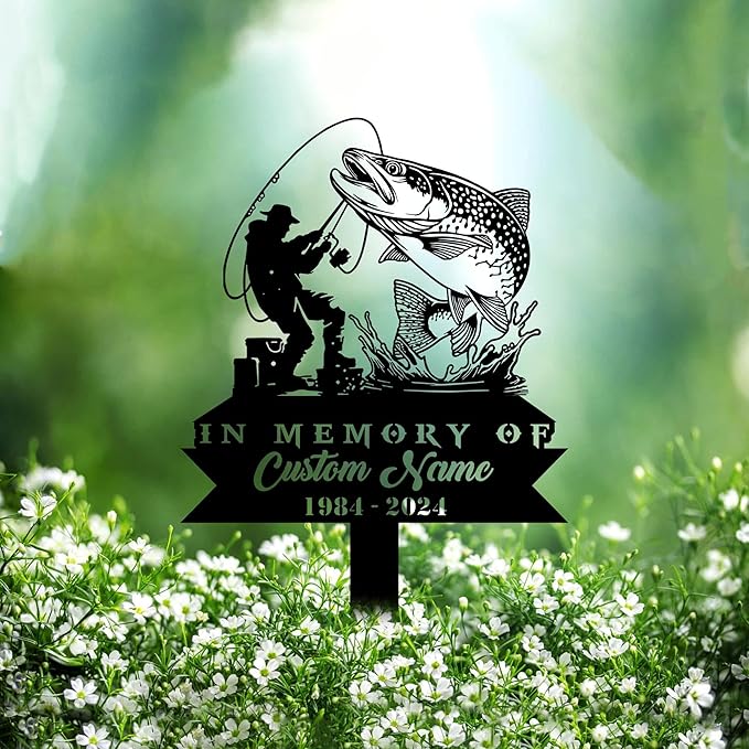 Custom Trout Fishing Metal Memorial Stake Personalized Fisherman Catching Fish Grave Marker Name Sign Fisher Remembrance Stake Decor,Memorial Statue Sign for Garden Outdoor Outside Yard Decor.