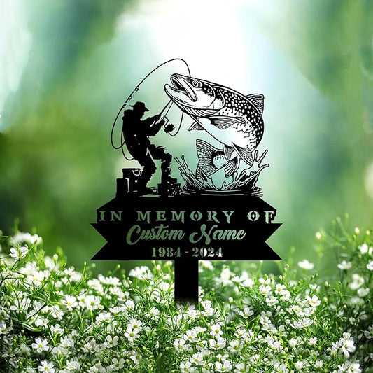 Custom Trout Fishing Metal Memorial Stake Personalized Fisherman Catching Fish Grave Marker Name Sign Fisher Remembrance Stake Decor,Memorial Statue Sign for Garden Outdoor Outside Yard Decor.