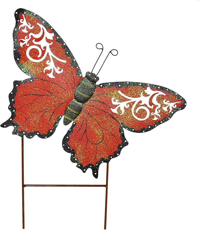Decorative Butterfly Garden Decor Outdoor Butterfly Garden Stake Decor, Metal Butterfly Yard Stake Garden Insect Decor Patio Lawn Backyard Decor (Red)