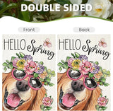 Hello Spring House Flags for Outdoor Decoration, Dog with Flowers Hat Large Yard Flag, Seasonal Decorative Celebration Decor for Summer Farmhouse Holiday Outside 28x40 Inch Vertical Double