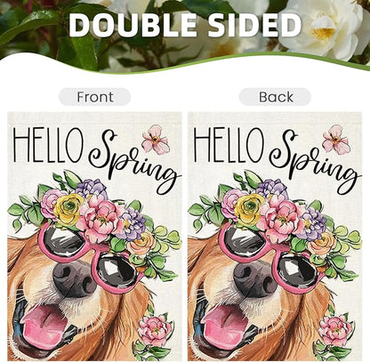 Hello Spring Garden Flags for Outside 12x18 Inch Double Sided, Dog with Flowers Hat Small Yard Decoration, Seasonal Summer Anniversary Wedding Decor for Farmhouse Holiday Outdoor