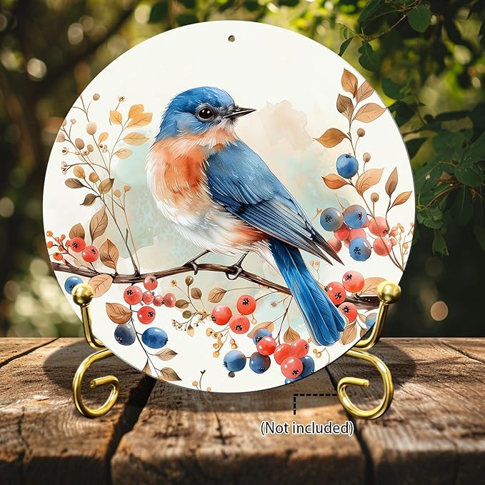 Vintage Blue Bird Watercolor Round Metal Sign Bird Sign Farmhouse Rustic Wreath Wall Decoration for Indoor Outdoor Home Porch Window Decor 12 Inch