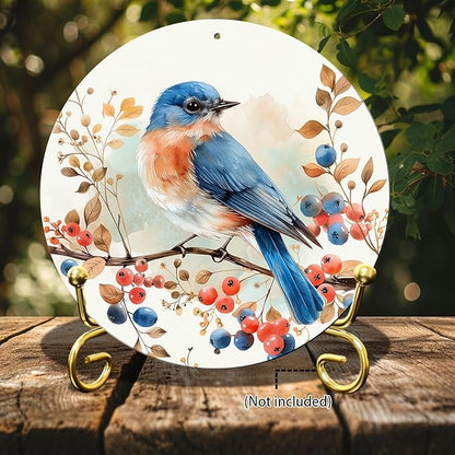 Vintage Blue Bird Watercolor Round Metal Sign Bird Sign Farmhouse Rustic Wreath Wall Decoration for Indoor Outdoor Home Porch Window Decor 12 Inch