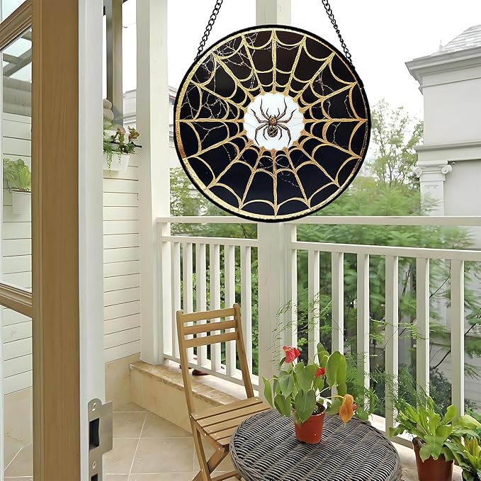 Stained Glass Window Hanging - Black Gold Spider Suncatcher for Door Terrace Garden Home Decor Halloween Sun Catcher Christmas Birthday Gifts for Lovers Women Men Dad Mom Nana 6.3 in
