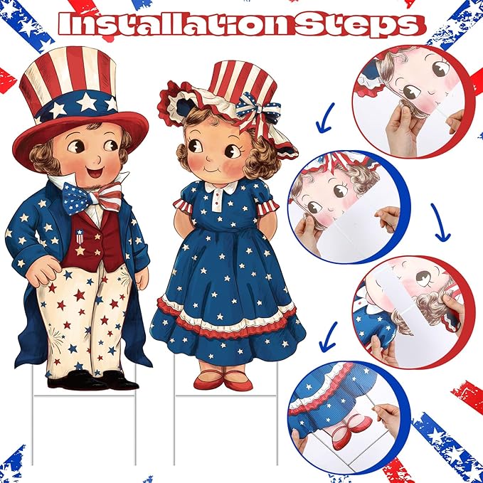 Beeveer 2 Pcs 4th of July Decorations Vintage Patriotic Yard Decor Outdoor 250th Anniversary Memorial Day Yard Sign with Stakes Front Door Hanging Sign for Porch Door Garden Patio Lawn Party Supplies
