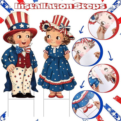 Beeveer 2 Pcs 4th of July Decorations Vintage Patriotic Yard Decor Outdoor 250th Anniversary Memorial Day Yard Sign with Stakes Front Door Hanging Sign for Porch Door Garden Patio Lawn Party Supplies