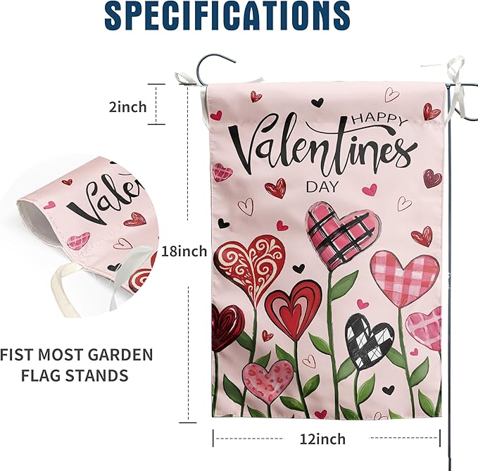 Happy Valentines Day Garden Flag Love Heart Floral Banner 12x18 Inch Double Sided for Outside Spring Holiday Anniversary Yard Decorative
