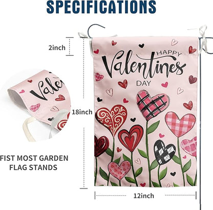 Happy Valentines Day Garden Flag Love Heart Floral Banner 12x18 Inch Double Sided for Outside Spring Holiday Anniversary Yard Decorative