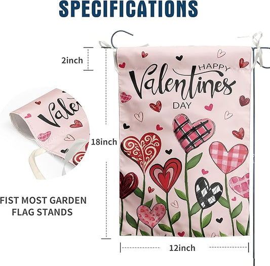 Happy Valentines Day Garden Flag Love Heart Floral Banner 12x18 Inch Double Sided for Outside Spring Holiday Anniversary Yard Decorative