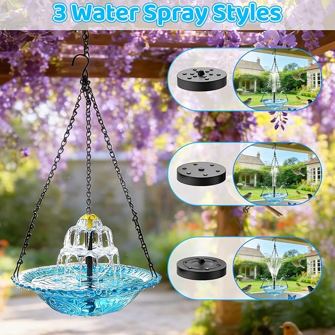 Hanging Solar Bird Bath Fountain, 3 Layers Outdoor Cascading Bird Bath with Solar Pump, 3 Nozzles & Blue Glass Bowl, Attracts Wild Birds for Garden, Backyard, Pergola