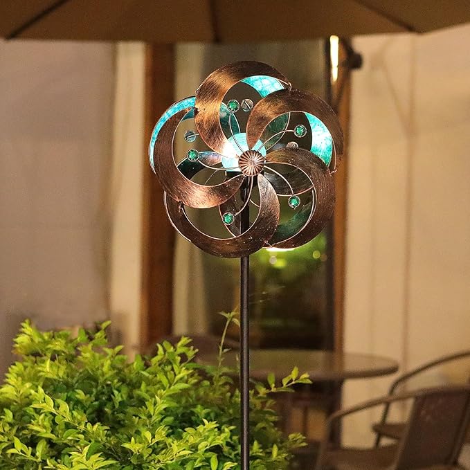 Solar Wind Spinner Improved 360 Degrees Swivel Multi-Color LED Lighting Glass Ball with Kinetic Wind Spinner Vertical Metal Sculpture Stake Construction for Outdoor Yard Lawn & Garden.