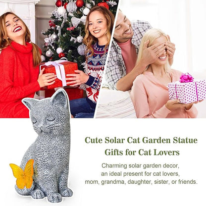Solar Cat Statue Garden Decor with Butterfly Light, Outdoor Decor Statues Yard Art Decorations Lawn Porch Patio Balcony, Gardening Gifts Birthday Choice for Cat Lover Women, Mom, Grandma