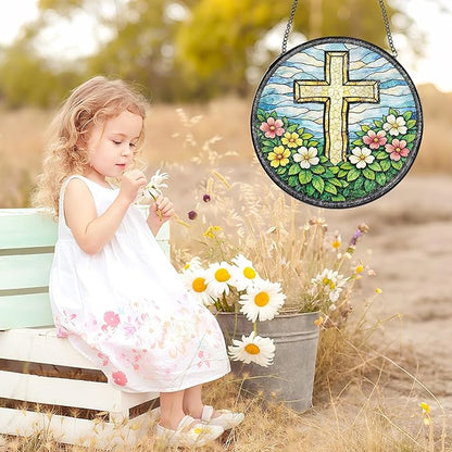 Cross Flower Stained Suncatcher, 8" Round Christian Glass Window Hanging with Metal Chain, Religious Decorative Glass Art for Home Garden, Faith Gift for Mom Grandma
