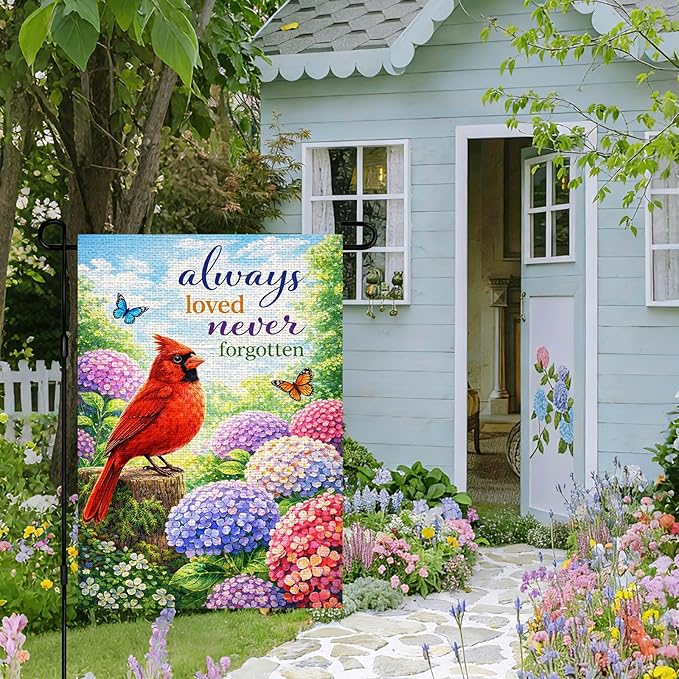 IVN Spring Summer Garden Flag 12x18 Inch Double Sided Burlap Red Cardinal Hydrangea Garden Quote Design Small Outdoor Yard Flag Holiday for Porch Lawn Patio Decor