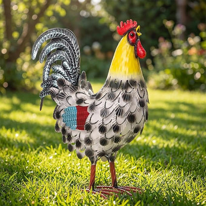 Zhengmy Metal Rooster Garden Statue Lifelike Colorful Metal Rooster Yard Decor Hand-Painted Iron Chicken Sculpture for Patio Lawn Backyard Farmhouse Outdoor Indoor Decoration(Lustrous White)