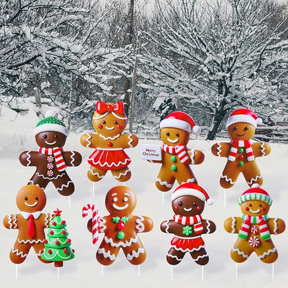 8 Pcs Christmas Gingerbread Man Yard Signs with Stakes Outdoor 3D Gingerbread House Decoration Xmas Yard Stakes Lawn Signs for Christmas Holiday Pathway Garden Patio Party Favors(Classic)