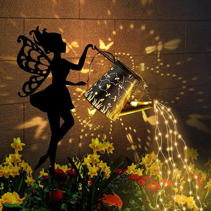 Ouddy Decor Fairy Garden Decor with Solar Watering Can, Metal Fairy Garden Statues with Hanging Lanterns Waterfall Lights Silhouette Waterproof for Lawn Pathway Gardening Gifts