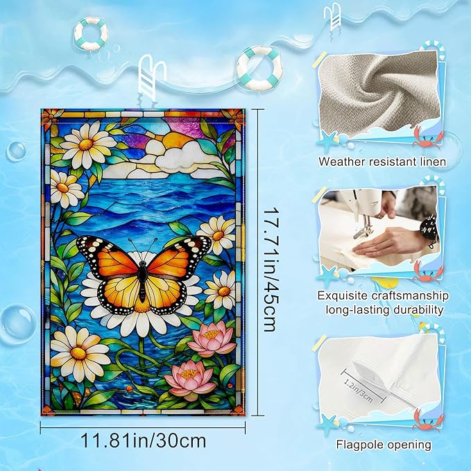 IVN Stained Glass Butterfly Garden Flag 12x18 Inch – Daisy and Water Lily Outdoor Flag, Double Sided Burlap Spring Summer Yard Flag for Porch Lawn Patio Decor