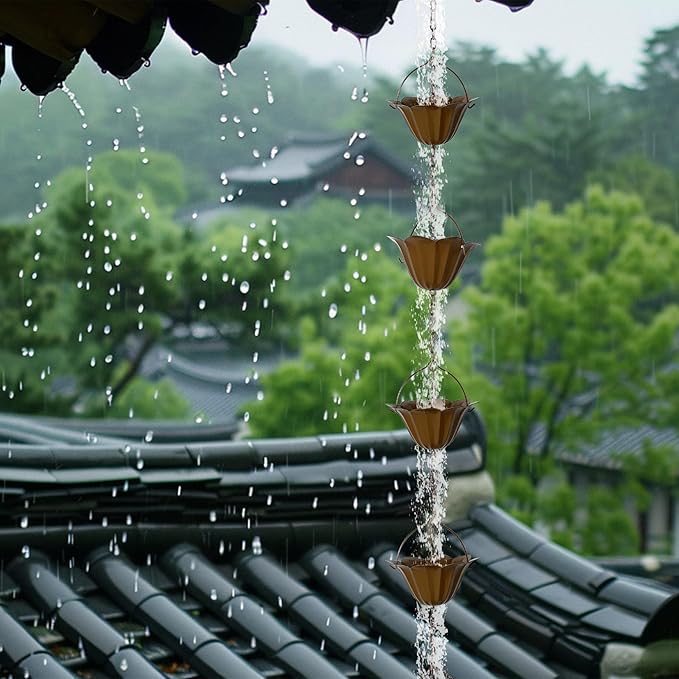 Rain Chain for Gutters – 6.5 FT Adjustable Copper-Tone Rain Chain with 10 Large Lotus Cups – Decorative Gutter Chain Downspout Alternative – Rain Catcher Chain & Garden Water Feature