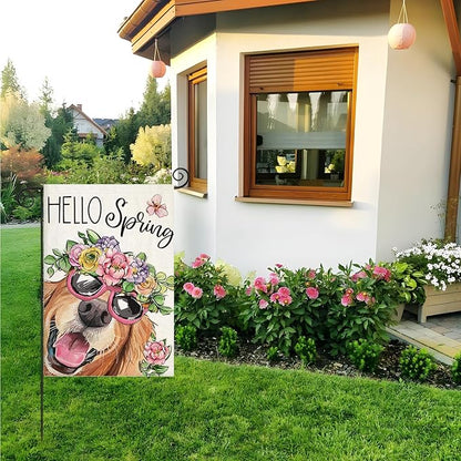 Hello Spring Garden Flags for Outside 12x18 Inch Double Sided, Dog with Flowers Hat Small Yard Decoration, Seasonal Summer Anniversary Wedding Decor for Farmhouse Holiday Outdoor