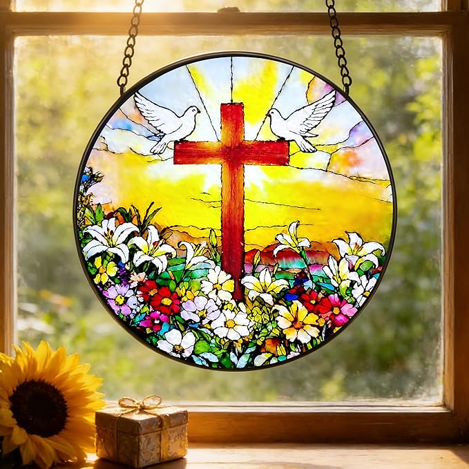 Stained Glass Window Hanging, 7.8 in Cross White Dove Suncatcher, Stained Glass Home Decor, Decorative Ornament Boho Wall Art, Ideal Gift for Mom Grandma Religious Christian Families