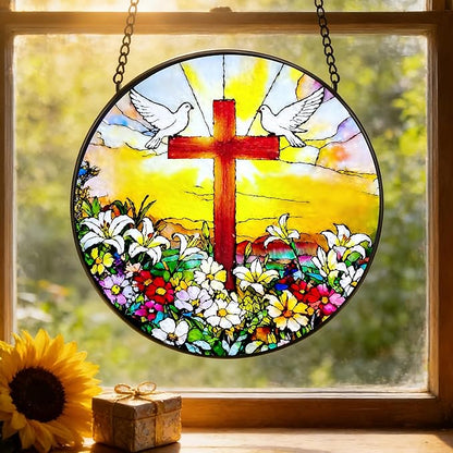 Stained Glass Window Hanging, 7.8 in Cross White Dove Suncatcher, Stained Glass Home Decor, Decorative Ornament Boho Wall Art, Ideal Gift for Mom Grandma Religious Christian Families