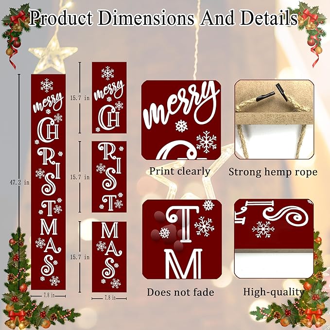 Merry Christmas Sign Xmas Front Door Hanging Decor Wooden Vertical Indoor Outdoor Porch Standing Signs For Garden Home Yard Farmhouse Porch 47.2 x 7.8 Inch