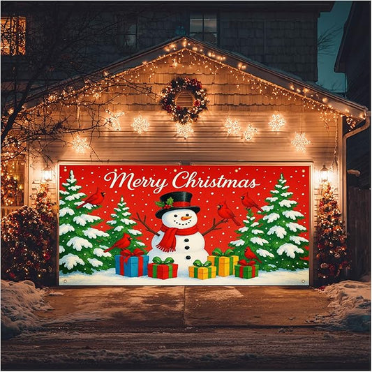 HOMETITUTE Merry Christmas Garage Door Banner 13x6ft Festive Backdrop Cheerful Snowman with Colorful Gifts Photo Prop Background for Joyful Holiday Yard Outdoor Winter Scene Display