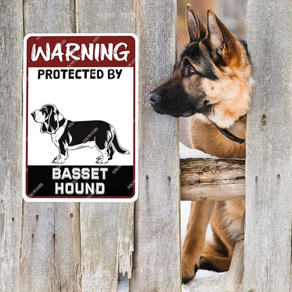 snowsun Warning Metal Signs Protected by Basset Hound Dog Tin Sign for Home Garden Yard Street Wall Decor 8×12 Inches