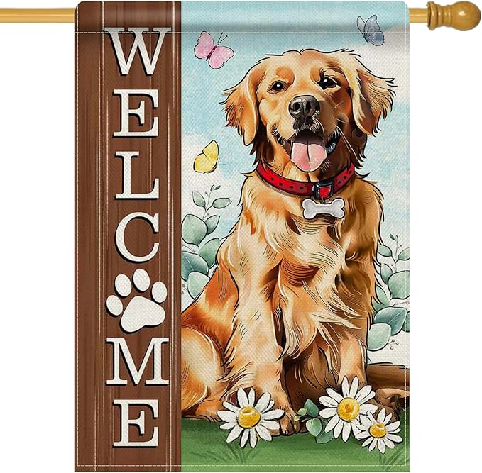 Dyrenson Welcome Golden Retriever Dog 28 x 40 House Flag Double Sided, Paw Prints Garden Yard Decoration Pet Owner Lover Gift, Spring Summer Burlap Outdoor Decor Decorative Large Flag