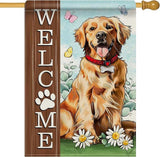 Dyrenson Welcome Golden Retriever Dog 28 x 40 House Flag Double Sided, Paw Prints Garden Yard Decoration Pet Owner Lover Gift, Spring Summer Burlap Outdoor Decor Decorative Large Flag