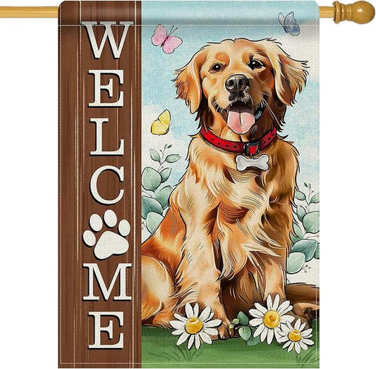 Dyrenson Welcome Golden Retriever Dog 28 x 40 House Flag Double Sided, Paw Prints Garden Yard Decoration Pet Owner Lover Gift, Spring Summer Burlap Outdoor Decor Decorative Large Flag